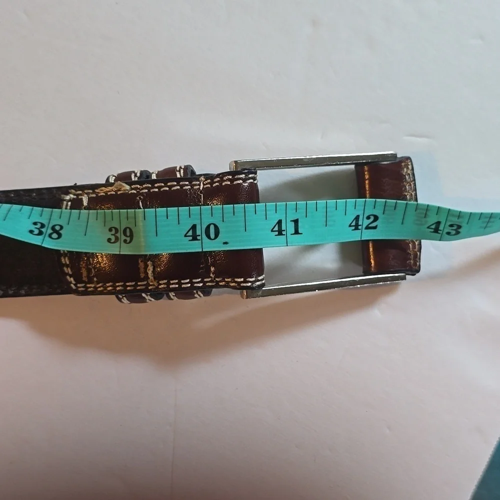 Fionte Mens Brown Leather Belt Silver Buckle white stitching Sz.34-38